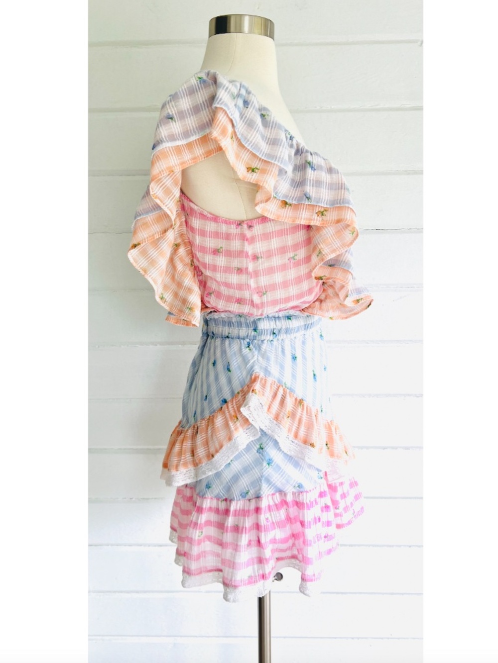 LOVESHACK FANCY Leon Ruffled Mini Dress in Mixed Check - S - Picture 7 of 14